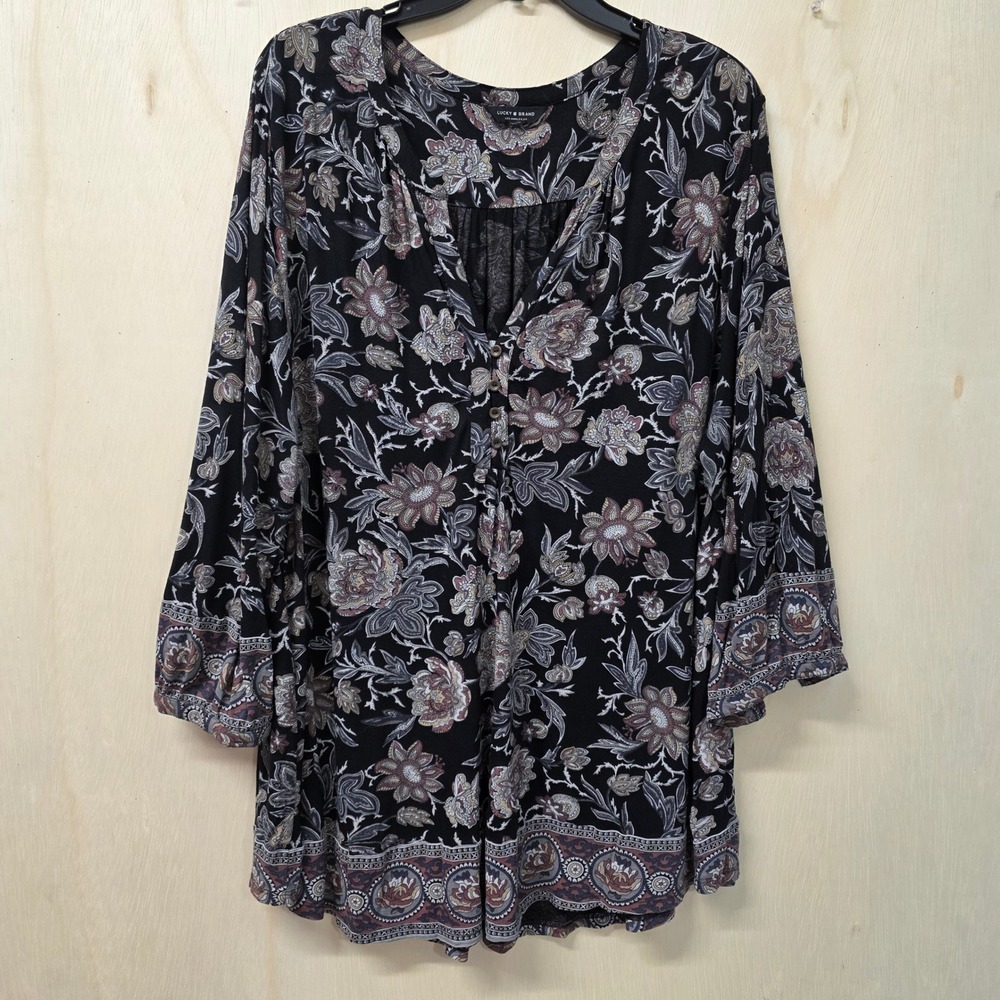 Lucky Brand Paisley Floral Henley Tunic Top Black Boho 3/4 Sleeve XXL